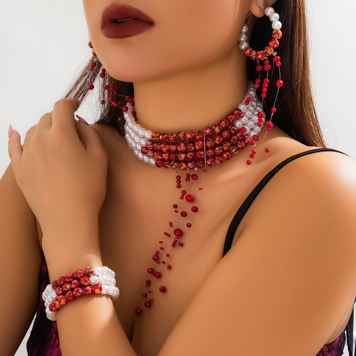 Pearl Choker Necklace Vintage - Multilayer Vintage Red Blood Pattern Imitation